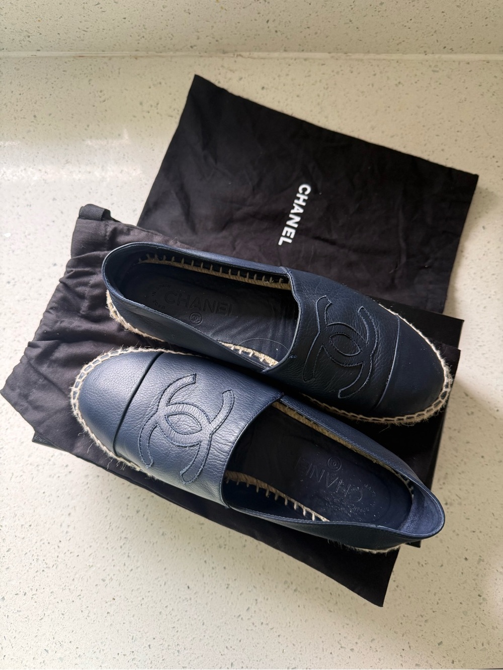 CHANEL Navy Leather Espadrille Slip-On Loafers